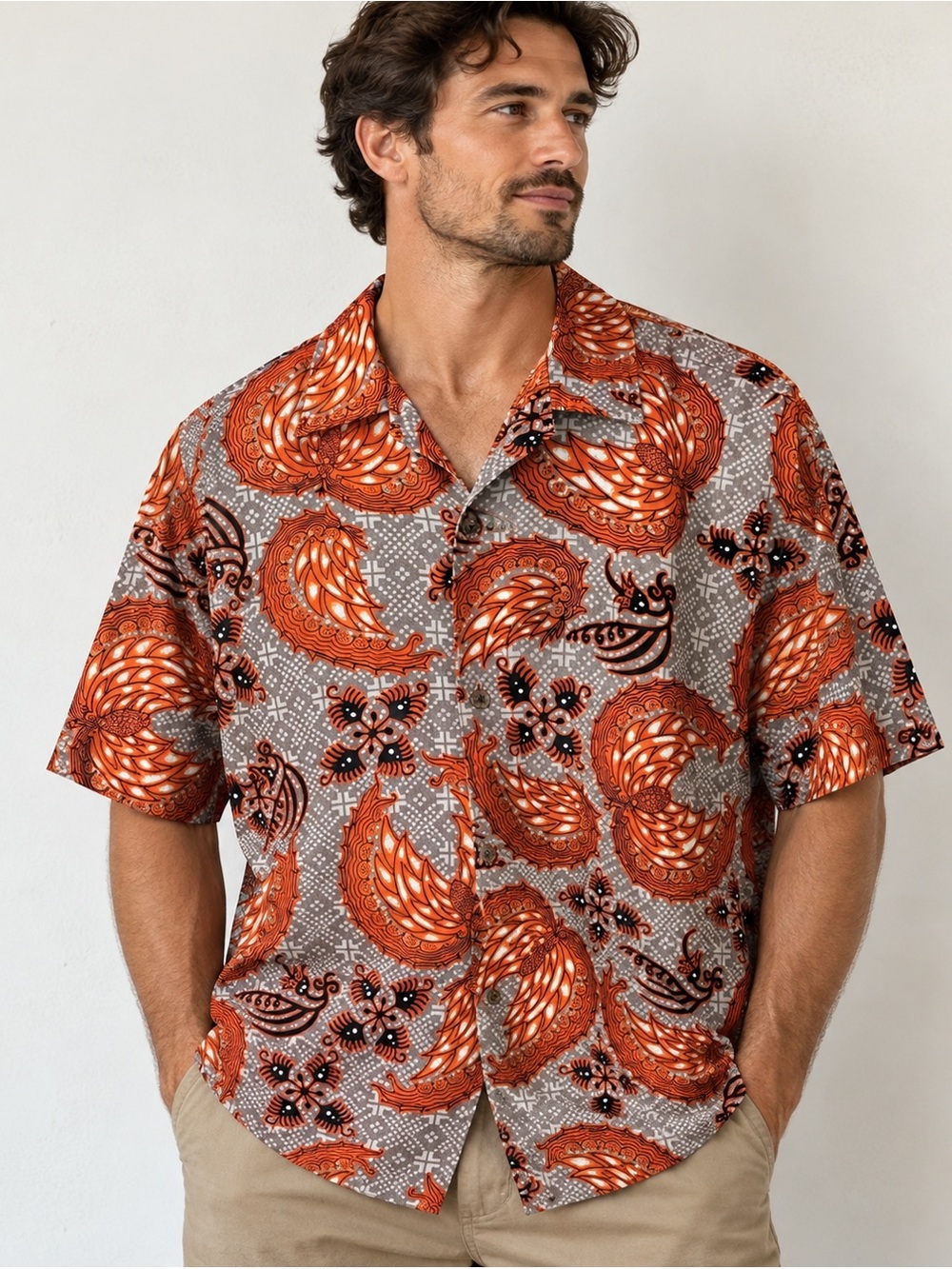No Boundaries Mens Medium Orange Grey Batik Phoenix Print Button Down Shirt